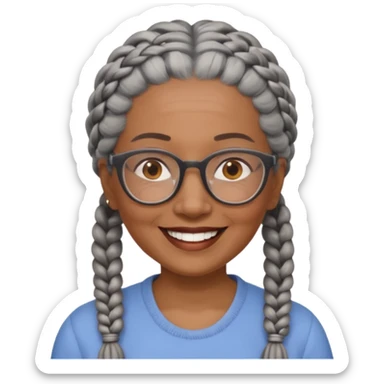 Older woman of color with gray braids, glasses and smiling sticker
