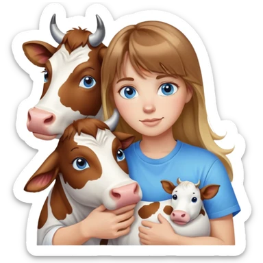 Woman with brown hair long and blonde highlights, bangs in front, blue eyes, white t shirt hugging a cow sticker
