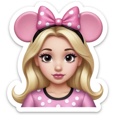 Woman with long blonde hair, brown eyes, brown eyebrows, blush cheeks with glitter pink and black Minnie mouse ears with pink and black Minnie mouse shirt with long black eyelashes sticker