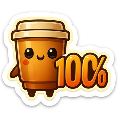 Tall coffee cup, no mouth, giant sign "100%" sticker