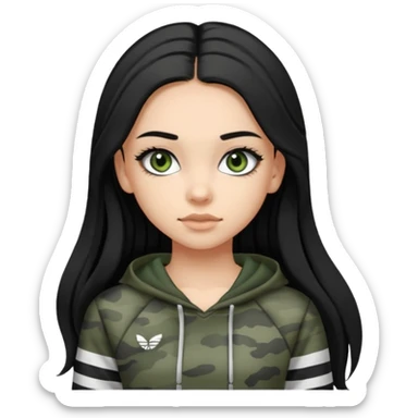 cute teenage girl, cute athletic clothes, light tan skin, dark camo green eyes, long black hair, very long eyelashes sticker