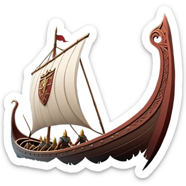 clash-of-clans-aesthetic_-cinematic-viking-longboat, rendered in a flat, bold vector style with minimal shading, featuring a striking dragon-headed prow slicing through icy, churning waters. shields on the side and vikings rowing The longboat’s intricately detailed shields and carved motifs evoke a sense of epic adventure and Nordic might, with billowing sails catching a dramatic, stormy sky backdrop. sticker