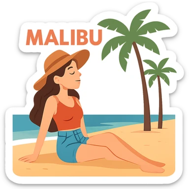 flat toon style young woman relaxing in Malibu with beach and palm trees sticker