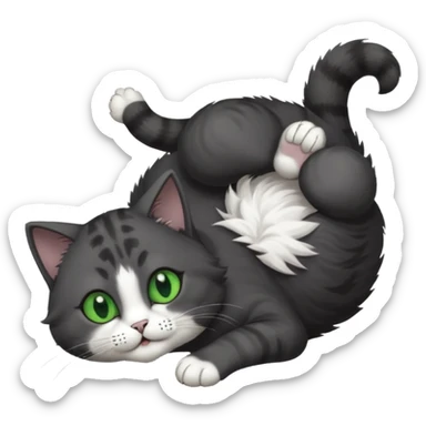 solid dark grey cat with green eyes, white toes/paws and white patch on her chest playfully rolling upside down sticker