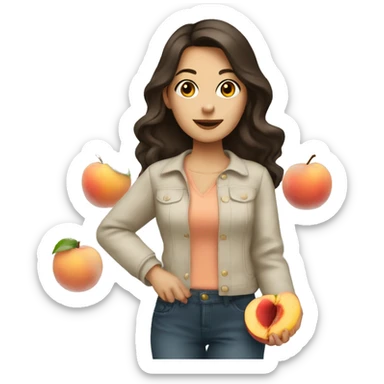 Brunette lady standing with a peach sticker
