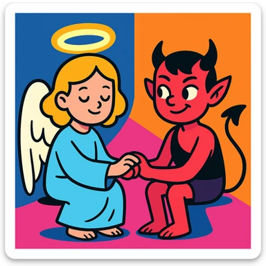 An angel and a demon sitting together, holding hands sticker