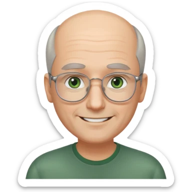 Balding man with receding hair, grey hair only on the sides, green eyes, rectangular reading glasses, rounded clear face, with a smile sticker