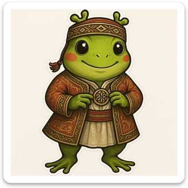 Enhance the traditional Bashkir outfit with more detailed patterns and textures, maintaining the cartoonish frog character (sticker style) sticker