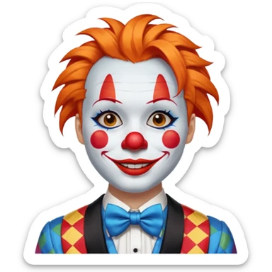 Orange hair styled in upward tufts.

White face paint, red nose, red lips, and thin black eyebrows.

Wearing a colorful patchwork clown suit with a big blue bow tie.

Happy, cheerful smile. sticker