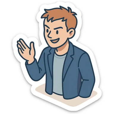 Lively and clever male debater, fair skin, short messy light brown hair, sharp eyes with a mischievous smile, wearing indigo blazer over a casual t-shirt, one hand raised mid-gesture, waist-up sticker