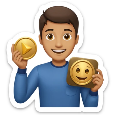 a happy man holding youtube golden play button sticker