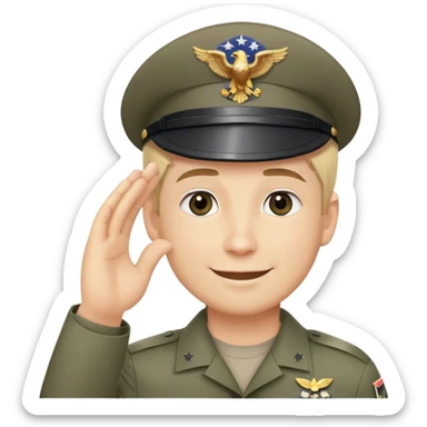 The image depicts a white man with gray eyes and short blonde hair, wearing a U.S. military cap with an eagle emblem. He is saluting with his right hand, showing a confident smile. The background is solid black. sticker