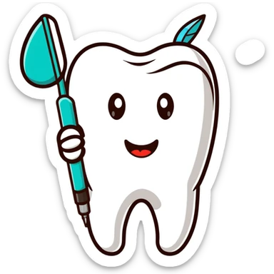 tooth with a small drill and dental mirror, representing root canal treatment sticker