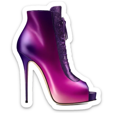 Real isolated top view of a pair of metallic magenta to dark purple ombre Jimmy Choo stiletto peep toe ankle bootie boots.  sticker