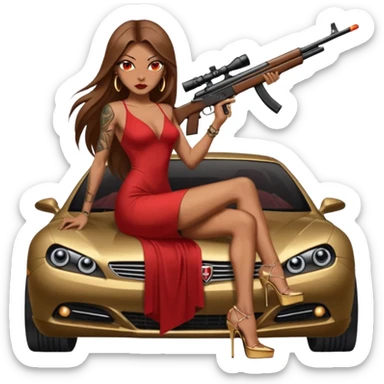 Lilith tan skinfemale red eyes symbol. Tattoo arms. Her hair is brown straight long hair.wearing sexy long  erotic dress with slit. black stiletto platform high heels shoes on. Sitting on gold giant luxury car with cash surrounding her. She is holding a sniper rifle in one hand cash in other hand sticker