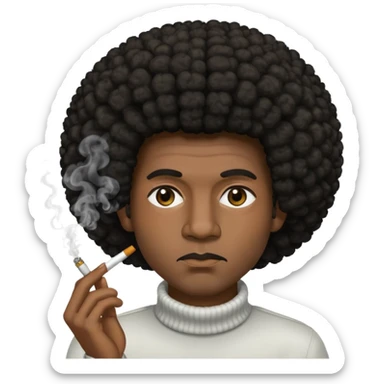 A black man with an afro, narrowed eyes who smockes sticker
