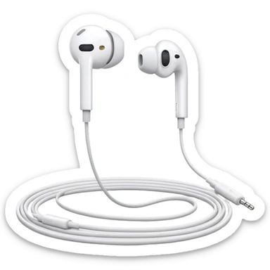 Minimalist white Apple EarPods with cord coiled in a perfect circle, clean simple design, no case, just the white headphones and wire arranged in a neat circle, iOS style sticker