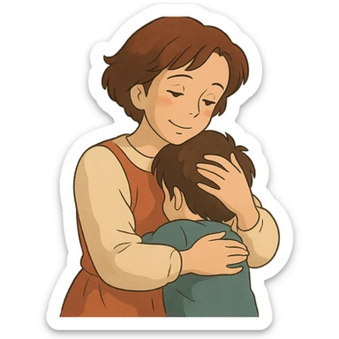 ghibli style illustration of a caring mom sticker