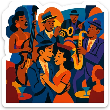 1940s jazz nightclub scene, vibrant toon style, energetic colors, no text sticker