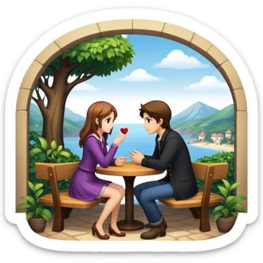 An icon representing a visual novel game, with a detailed background featuring a romantic or mysterious setting. Characters are in conversation, with dialogue boxes visible. The design captures the immersive storytelling and emotional depth of visual novels, set against a transparent background. sticker