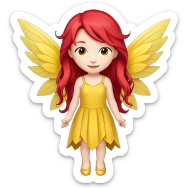 fairy with long red hair, yellow wings, yellow dress, happy, chibi full body sticker