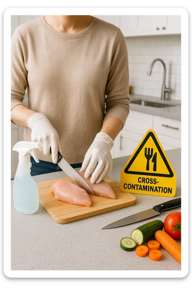a person in a modern kitchen handles raw chicken breasts on a cutting board, wearing disposable gloves. Nearby, a bottle of disinfectant spray, a separate knife for vegetables, and a warning sign about cross-contamination are clearly visible. The mood is educational, emphasizing safe food handling. sticker