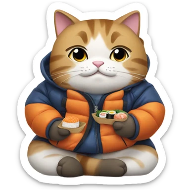 cat in a big puffy jacket eating sushi sticker