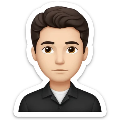 He’s a man with light to medium skin, a defined oval face, full brows, deep-set eyes, and wavy short dark brown tall hair styled with height, sides are trimmed. expression calm and focused relaxed black open-collar. polished, articulate, and coach vibe. personal development sticker