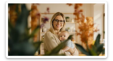 Cinematic still, blurred plants in the foreground (frame within a frame), Proffesional advertising of a smiling european white woman with glasses smiling holding baby, minimalistic ophthalmologist interior in background, leading  lines, "rule of thirds", 60/30/10 colors, soft light, warm colors sticker