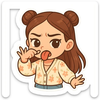 Create a chibi sticker of the girl from the reference image. She has brown straight hair in double buns, brown eyes, wearing a pastel floral cardigan and jeans. She is sticking out her tongue and waving her hand in front of her nose with a disgusted expression. The sticker should have a white outline and a transparent background, 512x512px. sticker