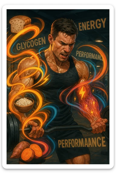 Uomo atletico di circa 30 anni durante un allenamento intenso in palestra, con muscoli ben definiti e sudati. Intorno a lui si visualizzano flussi energetici colorati che partono da fonti di carboidrati (pane integrale, riso, patate dolci) e si dirigono verso i suoi muscoli. I muscoli appaiono attivi, tesi e in pieno sforzo, con piccoli simboli di 'carburante' o energia che entrano nei tessuti. Espressione concentrata e potente. Sullo sfondo, parole come 'glicogeno', 'energia', 'prestazione'. Atmosfera dinamica, intensa e positiva. sticker