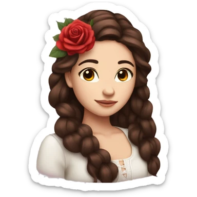 Beautiful, rose, red, flowers in hair, long dark brown hair, white fair skin sticker