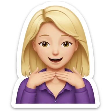 Happy blonde girl with eyes closed and mouth wide open and hands cupped around her neck - her eyes are squinty with excitment mo sticker