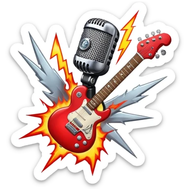 Create a bold and dynamic emoji representing rock vocal performance in a humanless collage. The design should feature a vintage microphone at the center, surrounded by key rock elements like an electric guitar, drumsticks, and a guitar pick. Include symbols of energy, such as lightning bolts or flames, and subtle musical notes or sound waves to evoke the raw power of rock vocals. Use dark, bold colors like black, silver, and red, with hints of chrome or metallic accents to convey the edgy, rebellious spirit of rock music. The background should be transparent. sticker
