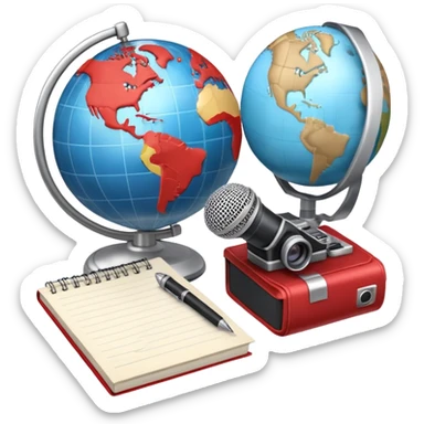 An icon showing a microphone, a notepad, and a camera, symbolizing journalism. The design includes a globe in the background, representing global news, and a breaking news banner for emphasis. Transparent background highlights the dynamic world of media and reporting. sticker