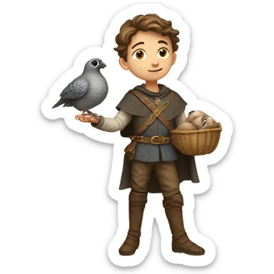 European boy in medieval clothes with a flying quail sticker