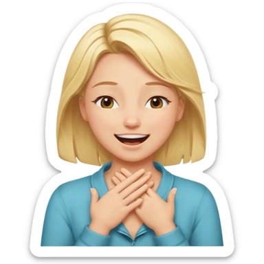 Happy blonde girl with eyes closed and mouth wide open and hands cupped around her neck - her eyes are squinty with excitment mo sticker