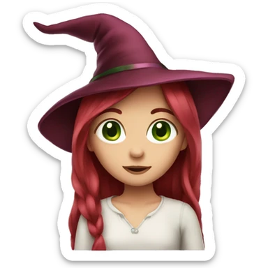 girl long dark red hair green eyes and pink witch hat sticker