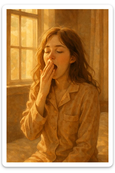 a brown-haired girl in pajamas yawning, sunlight coming through the window, warm morning atmosphere sticker