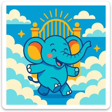 an elephant in heaven, vibrant cartoon style, with clouds and golden gates sticker