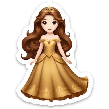 Cinematic Stunning Belle Portrait Emoji, Deep brown eyes full of curiosity, long chestnut hair flowing in soft waves, wearing her golden ballroom gown, glowing with warmth and elegance, a princess whose beauty is as radiant as her mind! sticker