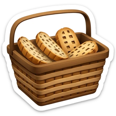 Create an emoji representing empty carbohydrate stores: depict a nearly empty bread basket with only a few crumbs left, overlaid by a fading low-battery symbol to signal depleted carb energy. sticker