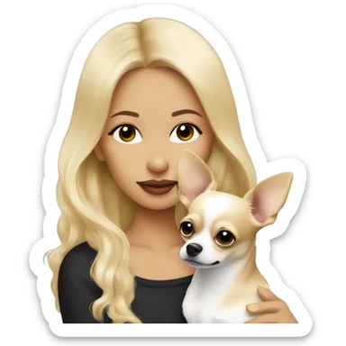 Blonde woman kissing her chihuahua, the chihuahua is black and white, long coated  sticker