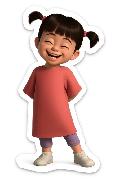 Add a happy, wide smile expression to the little girl character, keeping the picture quality, color, and style exactly the same. Only change the facial expression. Maintain the original style and details. sticker