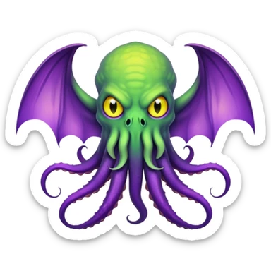light green Cthulhu with purple bat wings and purple gradient tentacles. Yellow angry eyes sticker