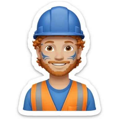 construction worker man ginger curly hair, blue helmet and face tattoo sticker