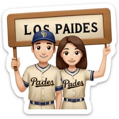 *White* Smiling couple. Woman has big cheeks and a lot of freckles on the nose. long brown hair. Man has black and very short hair and prominent eyebrows with egipcian nose. Both are wearing “Los Padres” baseball jerseys and with a sign that says “Go Padres!” sticker