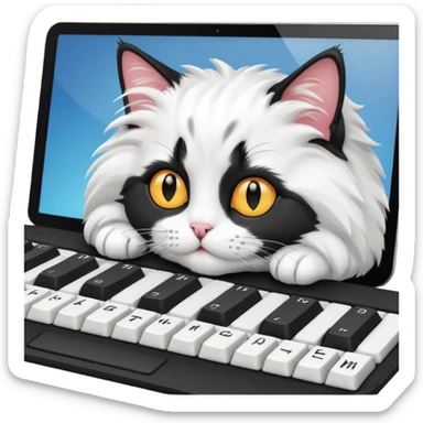 black and white cat laying on computer keyboard sticker