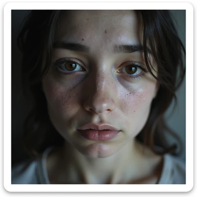 hyperrealistic close-up of a female face with deep dark circles, pale skin, very tired expression, lost gaze, realistic details, 4K quality, neutral background sticker