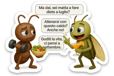 EMOJI STILE IPHONE 3D DI una cicala e una formica che parlano tra loro, la formica ha nella mano destra un manubrio da palestra e nella nella mano sinistra una bowl di insalata, la cicala invece ha un cocktail in mano, la cicala prende in giro la formica E LE DICE IN 3 FUMETTI DIFFERENTI: "Ma dai, sei matta a fare diete a luglio?”
“Allenarsi con questo caldo? Anche no!”
“Goditi la vita, ci pensi a settembre.”
 sticker
